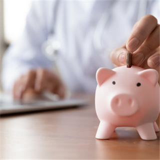 A person inserts a coin into a piggy bank